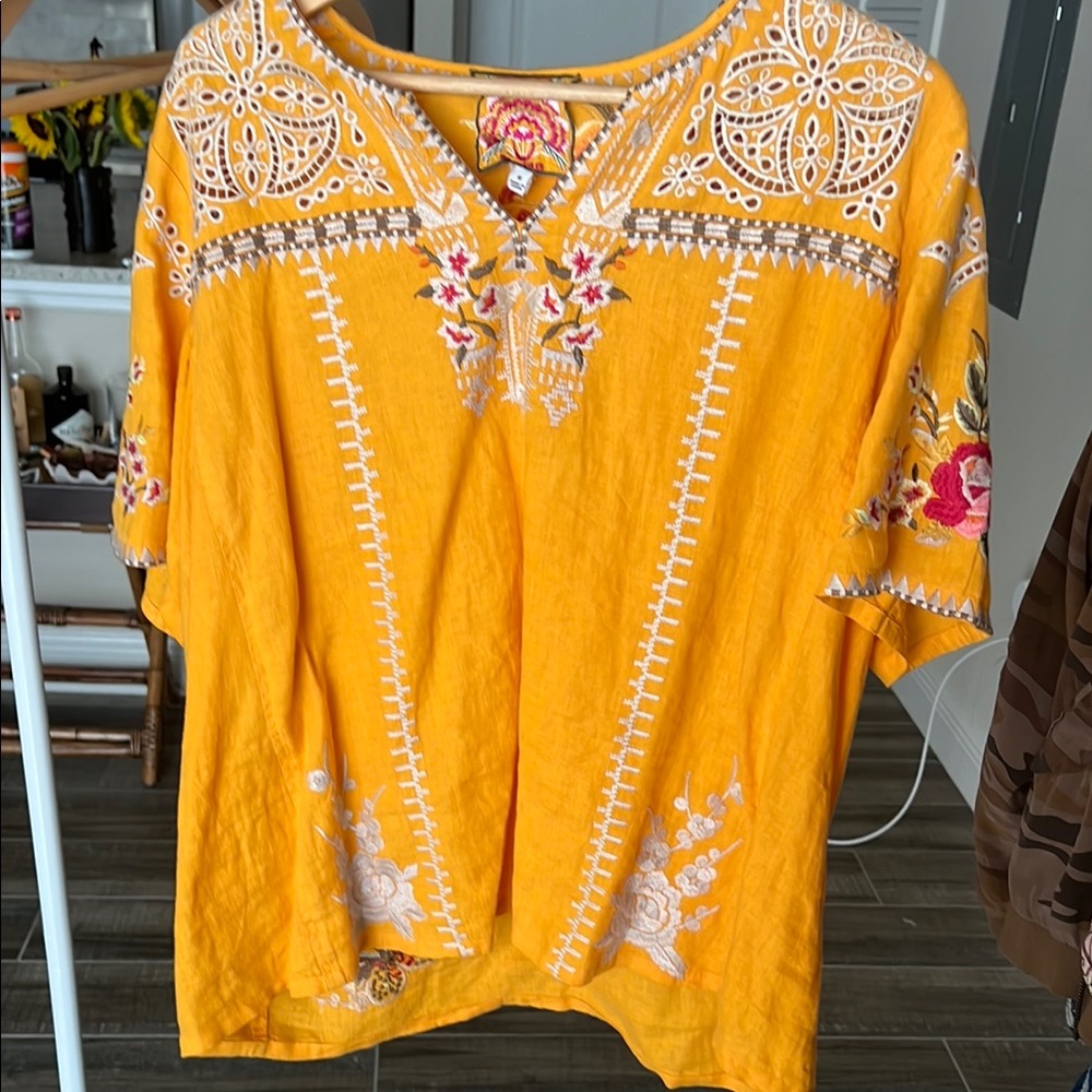 Johnny Was Yellow Embellished Flutter Sleeve Top